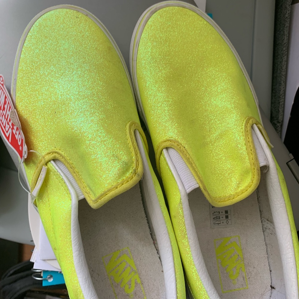 neon yellow glitter slip on Vans